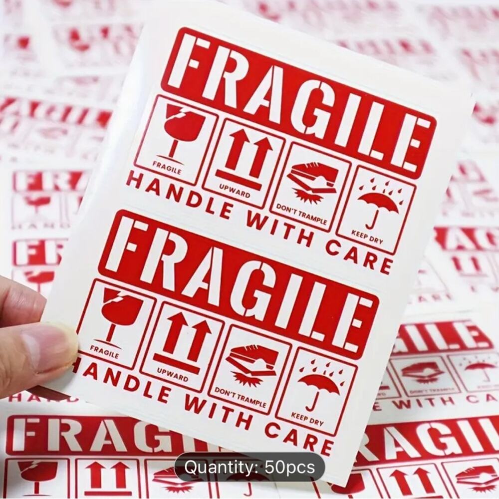 ⛔️ 50 Stickers of Red Fragile Warning Sticker Packaging Self-Adhesive Label ⛔️